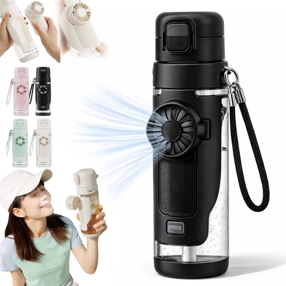 2-in-1 Water Bottle with Built-In Foldable Fan, Portable Dual-Drinking Cooling Water Bottle with Fan 3 Speeds USB-C,Leakproof Flip Lid Straw Cup for Office Travel Gym & Outdoor Sports