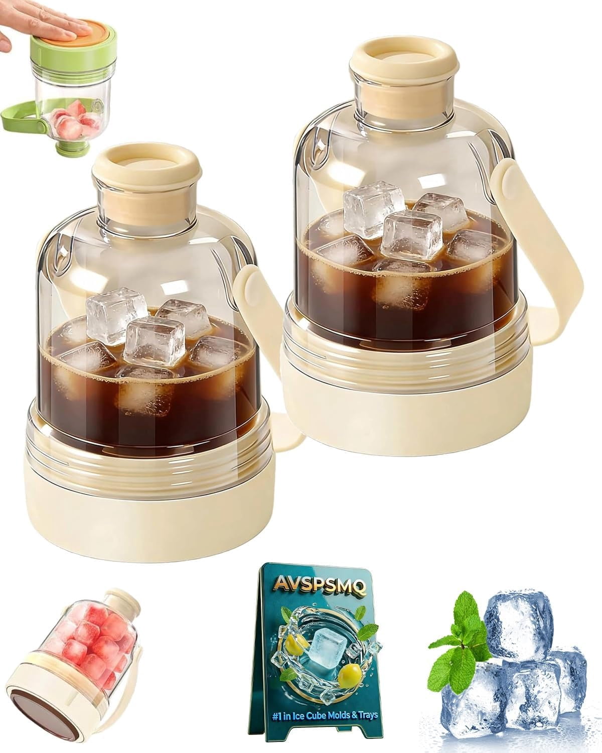 2-in-1 Water Bottle with Built-In Ice Tray – Transparent Portable Ice Maker Bottle, Easy-Release Silicone Cube Mold, Press-to-Release Square Ice Maker for Freezer, Drinks