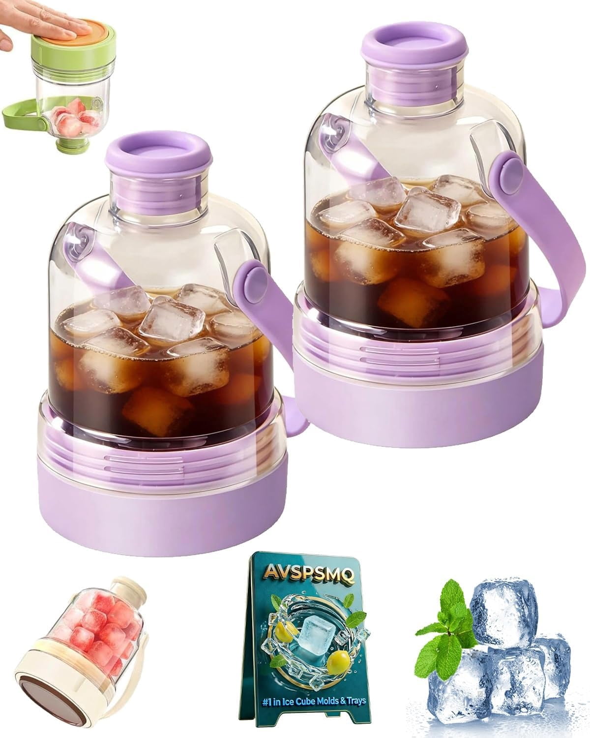 2-in-1 Water Bottle with Built-In Ice Tray – Transparent Portable Ice Maker Bottle, Easy-Release Silicone Cube Mold, Press-to-Release Square Ice Maker for Freezer, Drinks