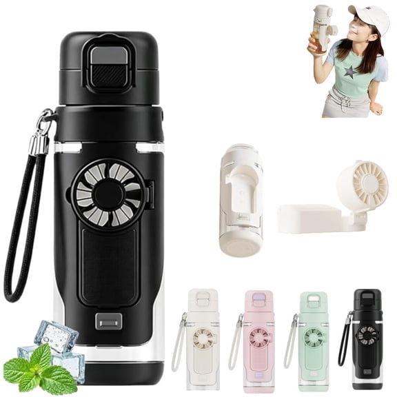 2-in-1 Water Bottle with Built-in Foldable Fan – 23oz Portable Cooling Cup, 3‑Speed USB‑C Rechargeable Detachable Fan, Leakproof Straw Bottle with Strap for Gym, Travel, Hiking