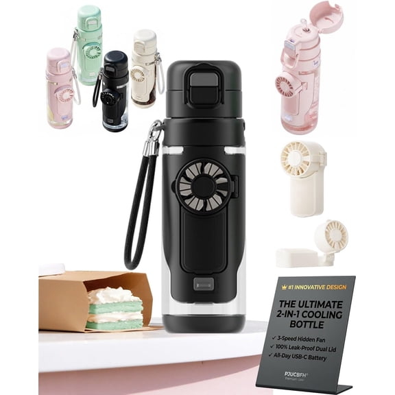 2-in-1 Water Bottle with Built-in Foldable Fan, Portable Fan Water Cup with 2 in 1 Spout and Straw Lid, Rechargeable Handheld Cooling Cup for Summer, Travel, Hiking, Theme Park, Outdoors(Black)