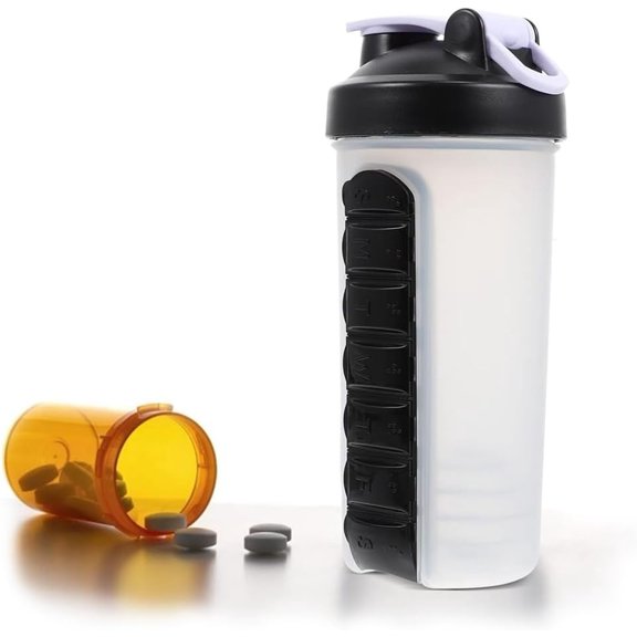 2-in-1 Water Bottle and Pill Organizer, 600ml Capacity, 7 Compartments outdoor capsule cup medicine box dispenser (Rose)