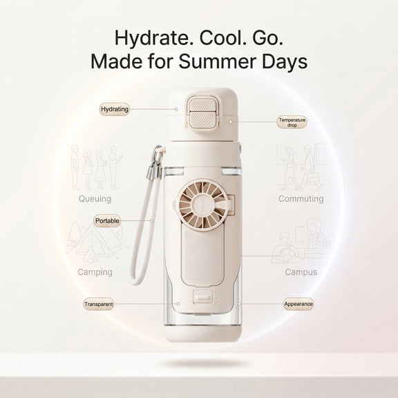 2 in 1 Water Bottle with Fan, Portable Cooling Sports Cup, Built-in USB Rechargeable Misting Tumbler, Handheld Hydration Drink Bottle, 20oz