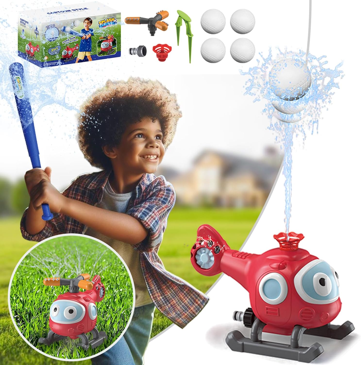 2in1 Water Sprinkler Splash Baseball Helicopter Outdoor Water Toys