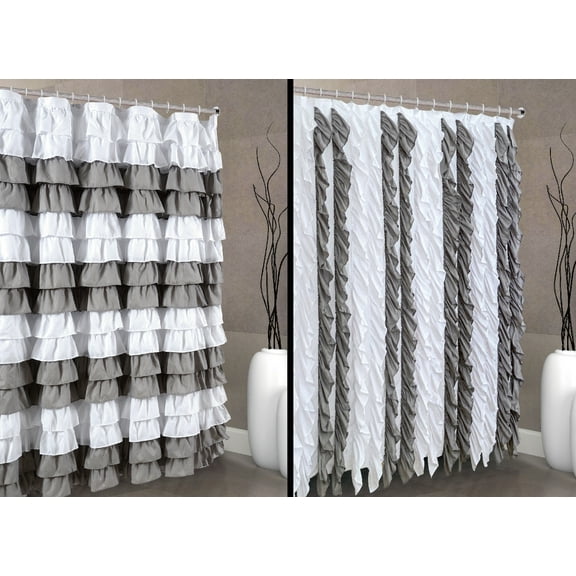 2 in 1 Waterfall Shabby Chic Ruffled Fabric Shower Curtain 2 Design can Make in one Shower Curtain (White/Silver)
