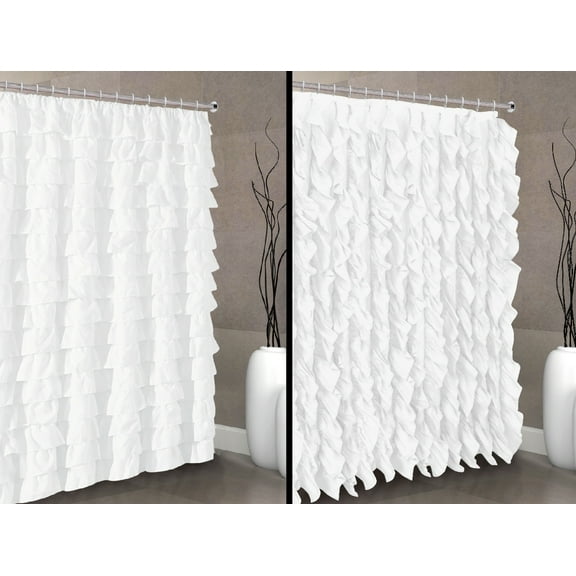 2 in 1 Waterfall Shabby Chic Ruffled Fabric Shower Curtain 2 Design can Make in one Shower Curtain (White)