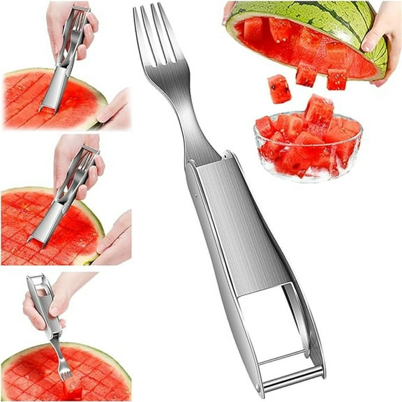 2-in-1 Watermelon Cutter & Fork Tool | Stainless Steel Fruit Slicer for Watermelon, Cantaloupe & Melon | Kitchen & Camping Gadget | 1-Piece Set