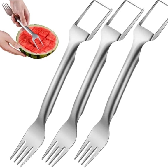 2-in-1 Watermelon Fork Slicer Cutter, 2024 Upgraded Dual Head Stainless Steel Fruit Cutter, Watermelon Cutter Slicer Tool, Summer Fruit Forks Slicer Knife for Home Kitchen Gadgets (5 Pcs)