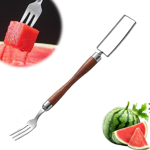 2-in-1 Watermelon Fork Slicer, Dual Head Stainless Steel Watermelon Fork Slicer Cutter, Portable Wooden Handle Fruit Cubes Slicer Tool Kitchen Picnic Accessories