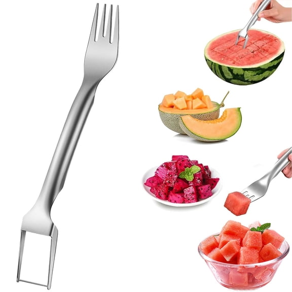 2-in-1 Watermelon Slicer & Fork, Stainless Steel Fruit Cutter Tool, Lightweight Portable for Home Outdoor Camping, Multifunctional for Mango Dragon