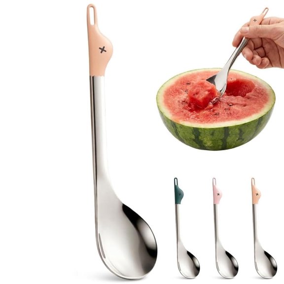 2-in-1 Watermelon Spoon, Stainless Steel Dual-Sided Fruit Scoop with Long Handle, Wide Mouth Fruit Spoon with Smooth Edge for Easy Scooping, Easy Clean Kitchen Utensil