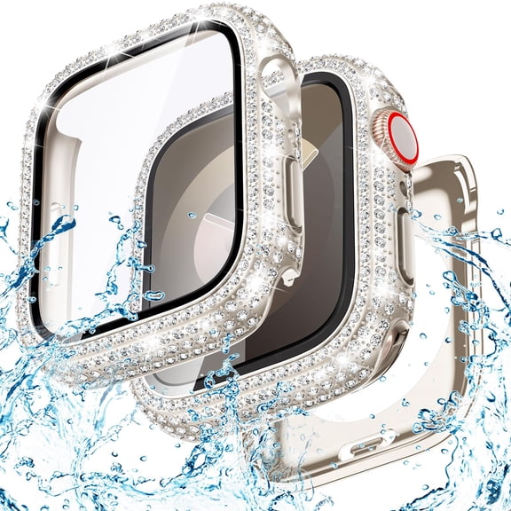2-in-1 Waterproof Bling Case for Apple Watch Series 9/8/7 41mm Screen Protector Case, Diamond Protective Face Cover iWatch Series 9/8/7 41mm Crystal Rhinestone Bumper Accessories Women,Starlight