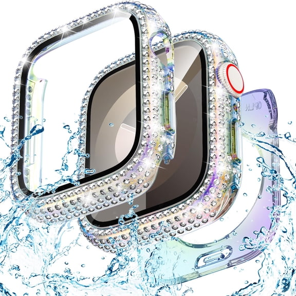 2-in-1 Waterproof Bling Case for Apple Watch Series 9/8/7 45mm Screen Protector Case, Diamond Protective Face Cover iWatch Series 9/8/7 45mm Crystal Rhinestone Bumper Accessories Women,Colour