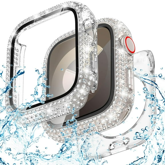 2-in-1 Waterproof Bling Case for Apple Watch Series 9/8/7 45mm Screen Protector Case, Diamond Protective Face Cover iWatch Series 9/8/7 45mm Crystal Rhinestone Bumper Accessories Women,Clear