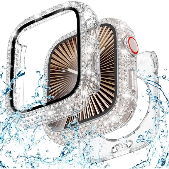 2-in-1 Waterproof Bling Case Compatible for Apple Watch Screen Protector 40mm 41mm 42mm 44mm 45mm 46mm Ultra 49mm Series 10 9 8 7 6 5 4 SE 2, Glitter Rhinestone Face Cover for iWatch Accessories