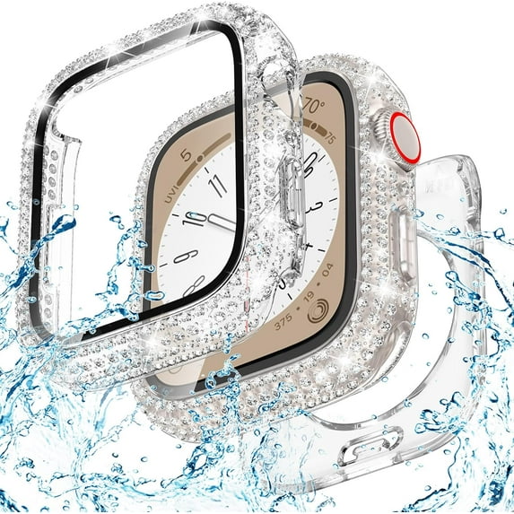 2-in-1 Waterproof Bling Case Compatible for Apple Watch Screen Protector 40mm 41mm 42mm 44mm 45mm 46mm Ultra 49mm Series 10 9 8 7 6 5 4 SE 2, Glitter Rhinestone Face Cover for iWatch Accessories