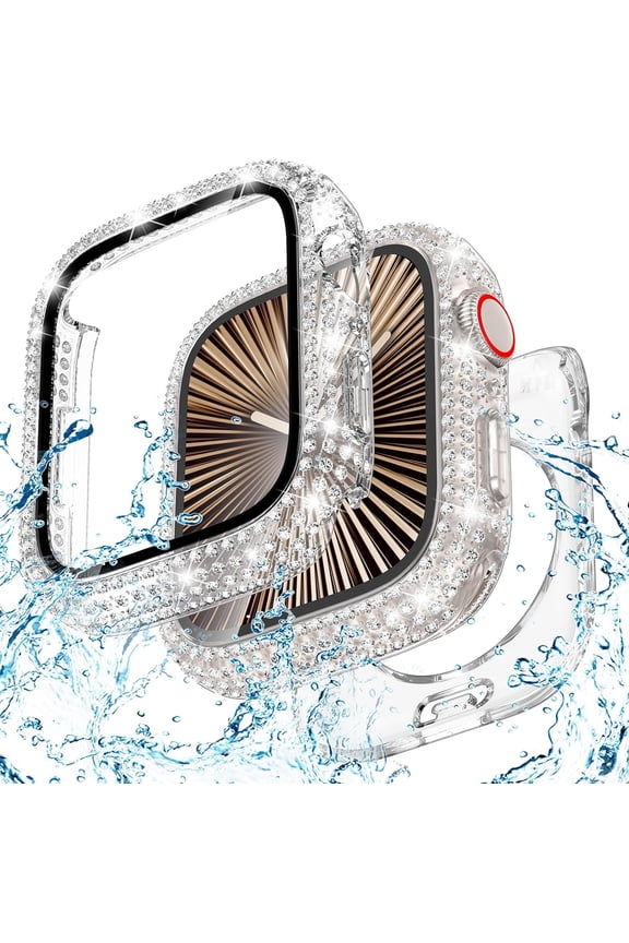 2-in-1 Waterproof Bling Case Compatible for Apple Watch Screen Protector 40mm 41mm 42mm 44mm 45mm 46mm Ultra 49mm Series 10 9 8 7 6 5 4 SE 2, Glitter Rhinestone Face Cover for iWatch Accessories