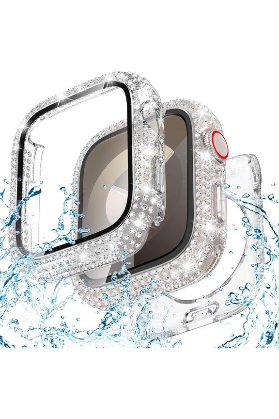 2-in-1 Waterproof Bling Case Compatible for Apple Watch Screen Protector 40mm 41mm 42mm 44mm 45mm 46mm Ultra 49mm Series 10 9 8 7 6 5 4 SE 2, Glitter Rhinestone Face Cover for iWatch Accessories