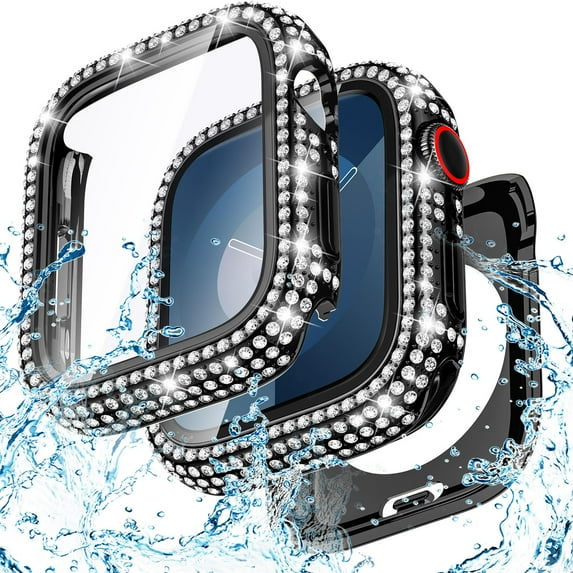 2-in-1 Waterproof Bling Case with Tempered Glass Screen Protector for Apple Watch Series 10 46mm, Glitter Rhinestone Face Cover for iWatch Series 10 46mm, Black