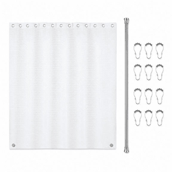 2-in-1 Waterproof Fabric Shower Curtain - No Separate Liner Needed, Hotel-Style Waffle Weave, Effortless Cleaning & Washable Bathroom Shower Curtain Set,72Wx72H,White