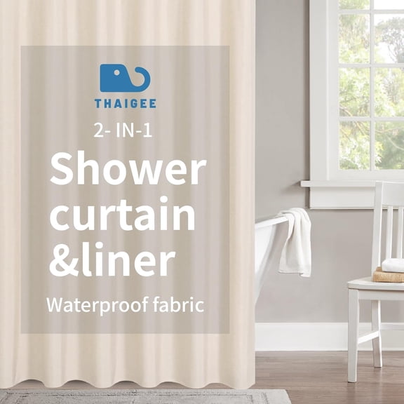 2-in-1 Waterproof Long Fabric Shower Curtain or Liner,Linen Textured,78 Inch Breathable TPU & Washable Bathroom Shower Curtain Set with 12 Plastic Hooks,Modern,72"x78" Cream