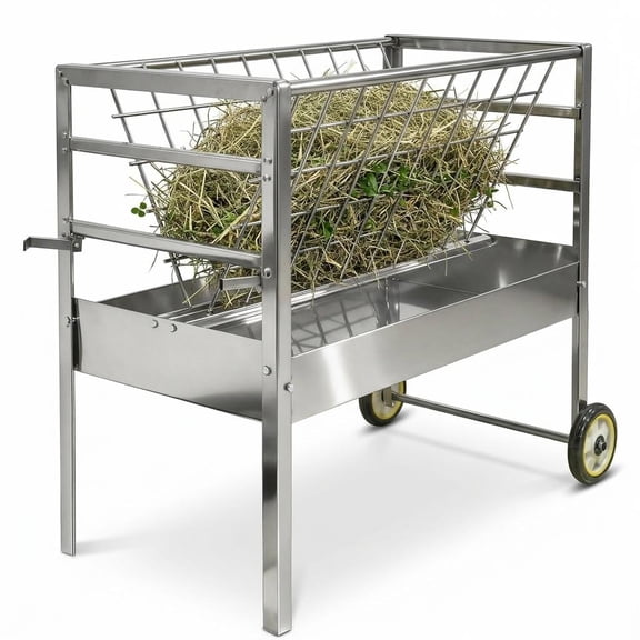 2-in-1 Weatherproof 65LBS Livestock Feeder with Wheels, Easy Rolling Mobile Hay Rack, Large Capacity Grain Bin, Durable Feed Rack for Outdoor Pasture