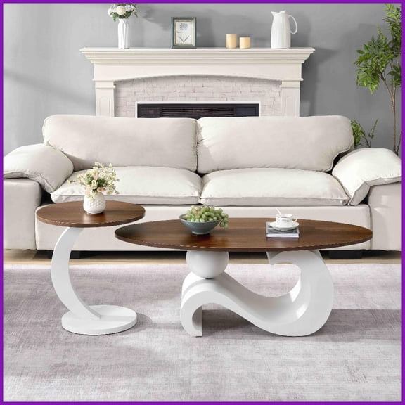 2-in-1 White Coffee Table Set for Living Room, Easy Assembly & Flexible Oval + Round Design