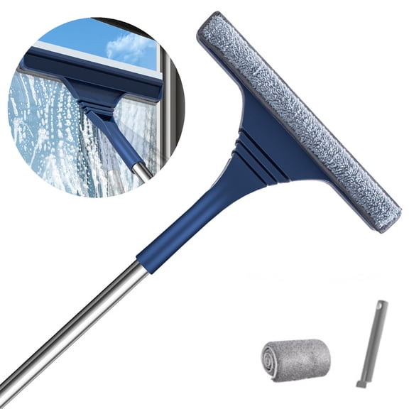 2-in-1 Window Cleaning Scraper and Dust Collector with Extension Rod, Window Cleaning Tool and Scraper, Suitable for Indoor and Outdoor Window Cleaning in Households, Blue