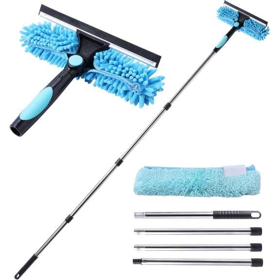 2-in-1 Window Squeegee and Scraper with 2 Microfiber Cloths Adjustable Length 180 Rotatable Head for Glass Car Bathroom Floor Tile Window Cleaning 64.96"