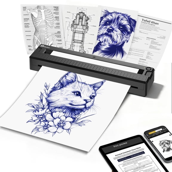 2-in-1 Wireless Bluetooth Thermal Printer for Tattoo Stencils & Documents, Portable Temporary Tattoo Transfer Machine Kit for Tattoo Artist & Beginner, Black