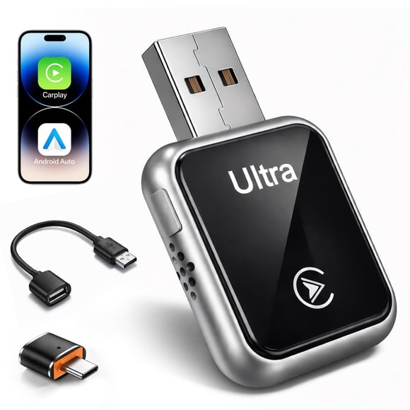 2-in-1 Wireless CarPlay & Android Auto Adapter, Converts Wired CarPlay to Wireless, Plug and Play Dongle with Stable Auto-Reconnect, Extended Cable and USB-C Converter, for iOS 10+ and Android 12+