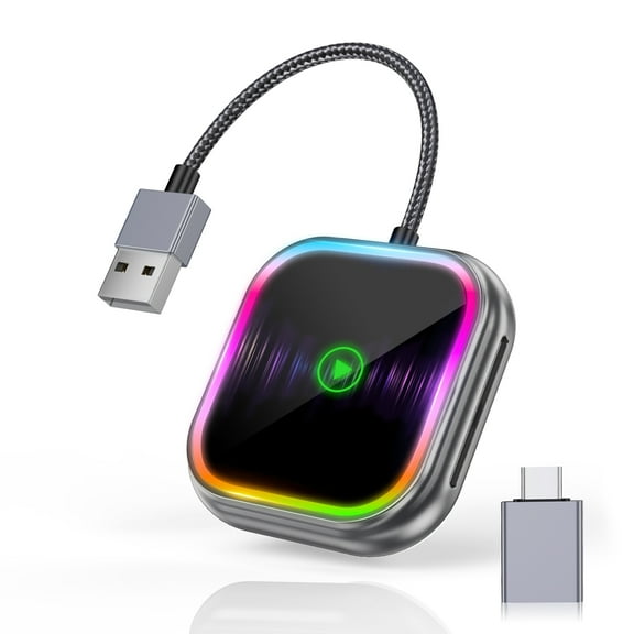 2-in-1 Wireless CarPlay & Android Auto Adapter, Dual-Band 5GHz WiFi & Bluetooth Dongle with LED Light Ring, Plug & Play Wireless CarPlay Converter Compatible with 1000+ Car Models (2016+)