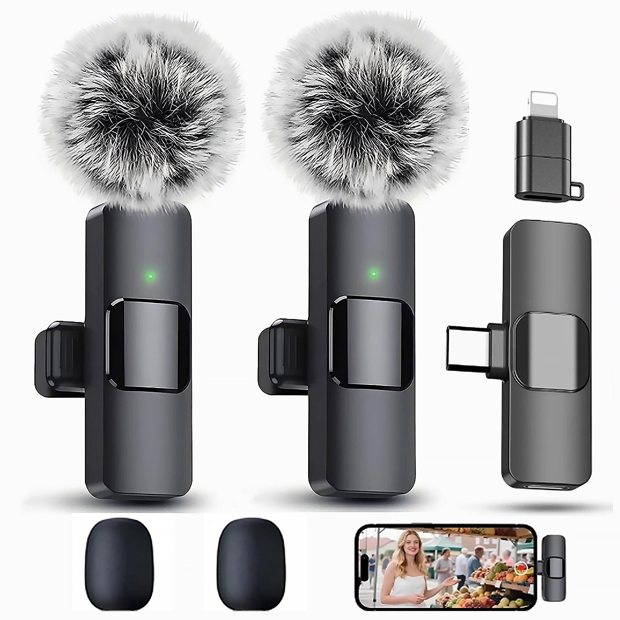 2-in-1 Wireless Lavalier Microphone Compatible for iPhone & Android, Plug & Play Clip-On Mic with Noise Cancellation for Gaming, Live Streaming, Vlog, YouTube, TikTok & Podcast