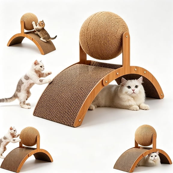 2 in 1 Wobble Ball Cat Scratcher, Wood Interactive Arch Scratcher with Arched Bridge and 360 Degree Rotating Sisal Ball, for Indoor Cats