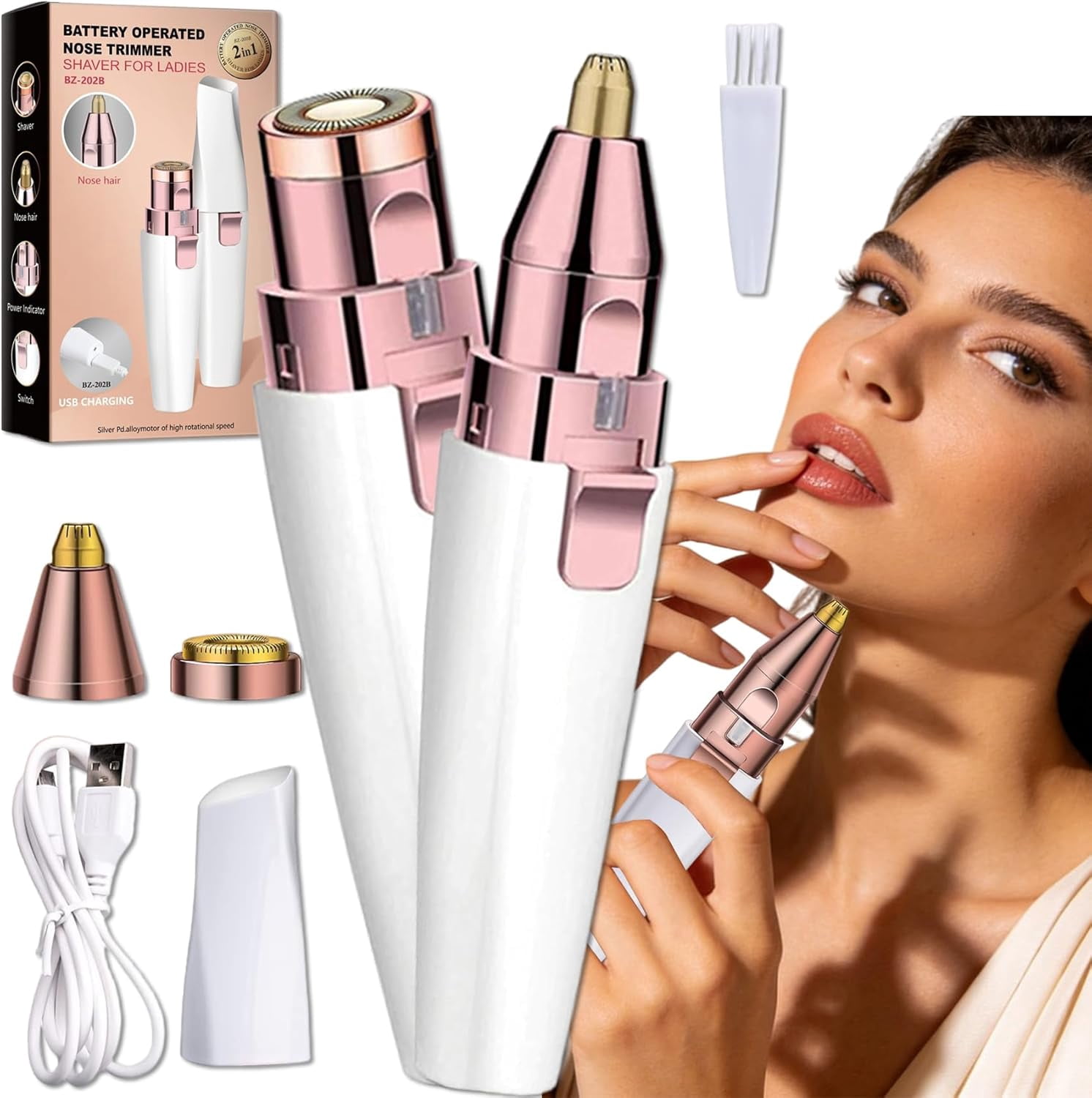 2-in-1 Women's Eyebrow and Facial Hair Removal Device, 2 in 1 Facial & Eyebrow Hair Trimmer, Electric Lip Facial Body Hairs Removal Tool with LED Light for Eye Brow, Lips & Fac (2pcs)