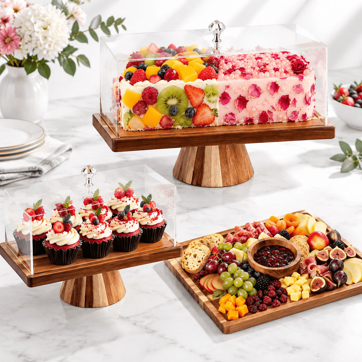 2-in-1 Wood Rectangular Cake Stand with Lid and Charcuterie Tray ...