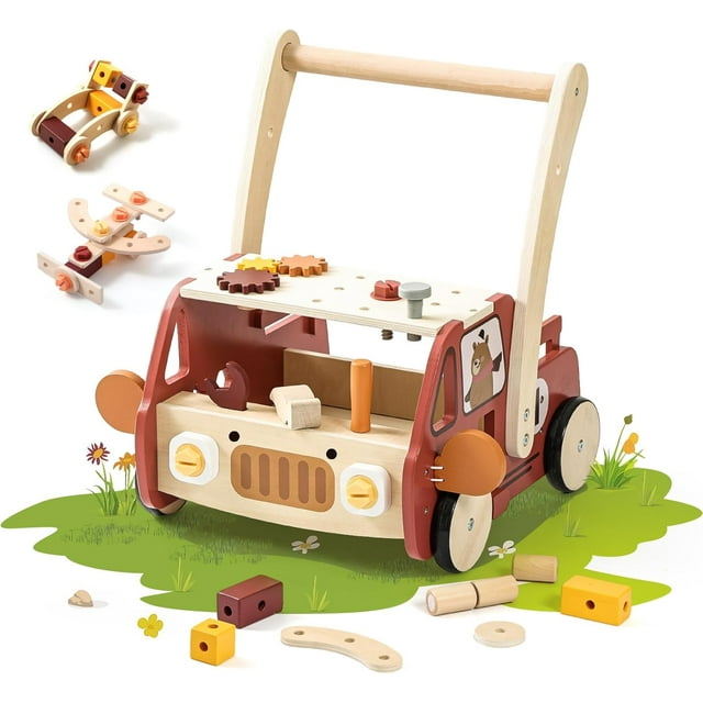 2-in-1 Wooden Baby Walker with 40 PCS Tool Toys – Baby Push Walker for 6-12 Months, Activity Center for Toddlers Aged 1-3 Years, Montessori Toy for Boys and Girls (Red)