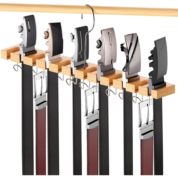 2-in-1 Wooden Belt Hanger for Tie and Belt Rack, Wall Mount Belt Organizer with 360 Rotating Hooks, Max 42 Belts