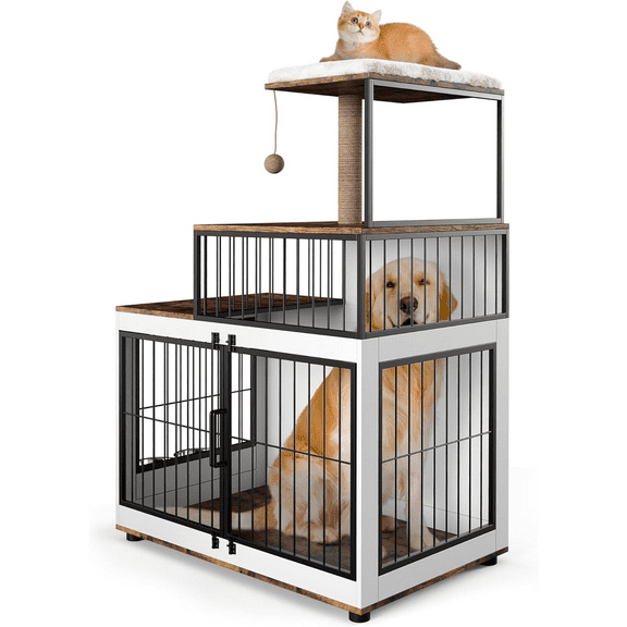 2 in 1 Wooden Dog Crate Furniture,Multi-Functional Dog Crate Furniture with Cat Scratching Post&Rotating Food Bowl for with Both Cats and Dogs