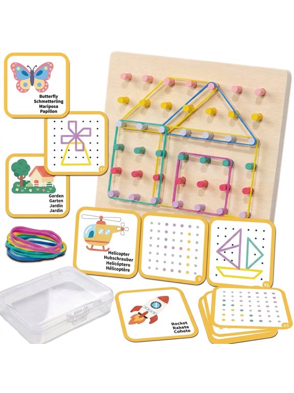 2-in-1 Wooden Geoboard and Peg Board Educational Toy, 123-Piece Set, 49 Pegs, 60 Activity Cards, 12 Rubber Bands, Ages 5 Years and up