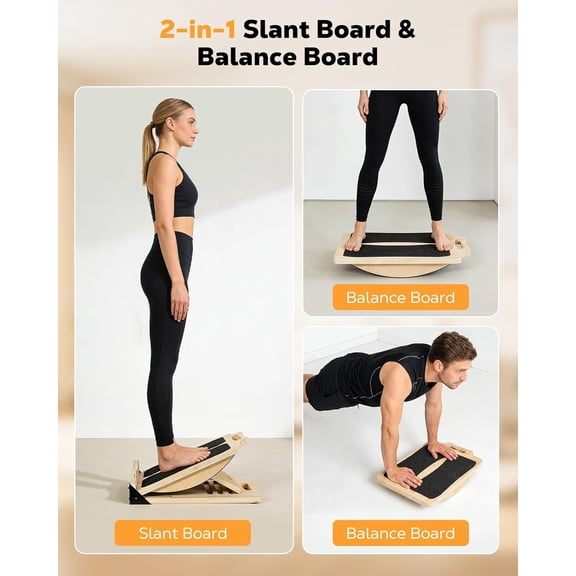 2-in-1 Wooden Slant Board & Balance Board, 4 Adjustable Inclines Calf Stretcher for Knees, Ankles, Heels, Feet and Legs, Non-slip Stretch Boards Support up to 220lbs