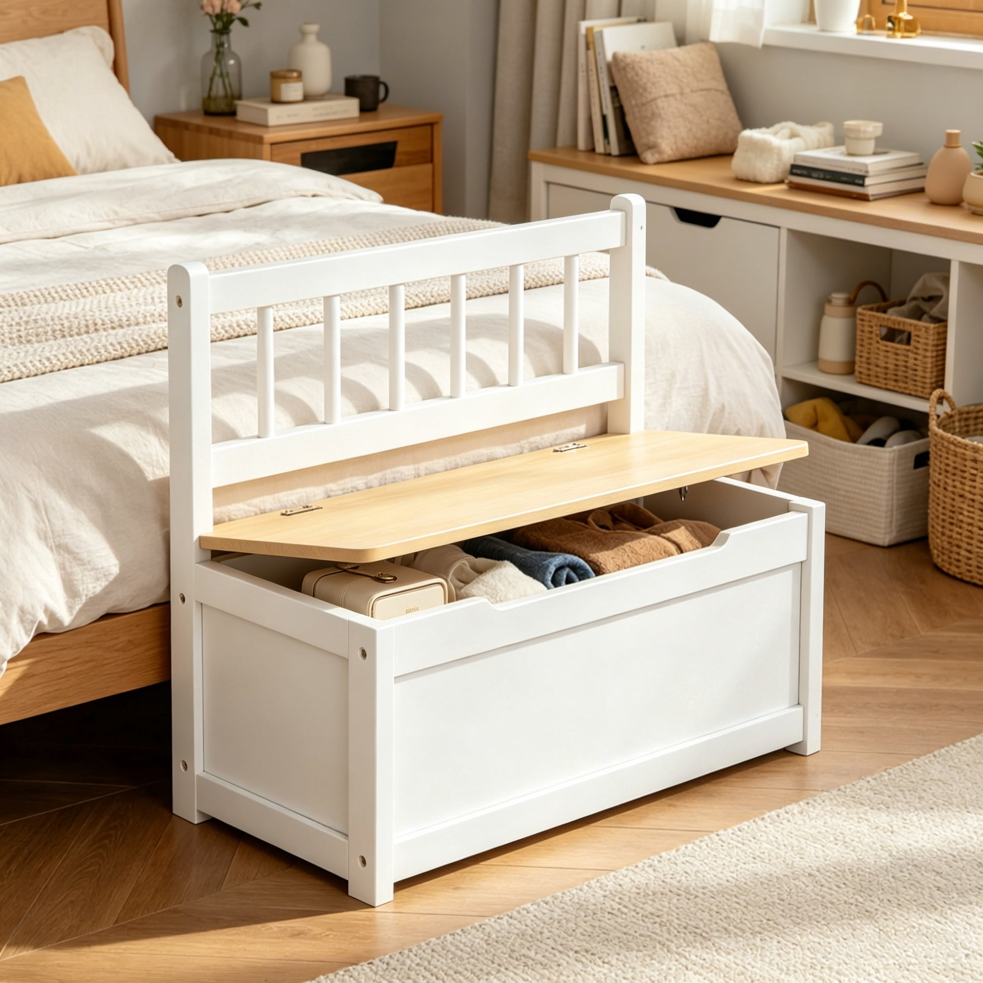 2 in 1 Wooden Toy Organizer Chest Storage Box with Seat Bench Safety Pneumatic Rod Chunk Cube Cabinet, White