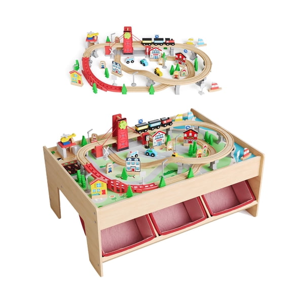 2-in-1 Wooden Train Table Set with 92-Piece City Track – Reversible Activity/Reading Top – 3 Storage Bins – Kids Railway Playset Gift, 32" x 22" x 16", for Boys & Girls Ages 3+