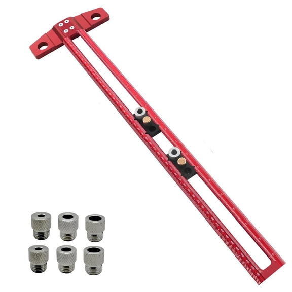 2 in 1 Woodworking Drilling Positioning Scribing Ruler Aluminum T Square Dowelling Jig Metric Inch Scale 6/8/10mm Sleeves