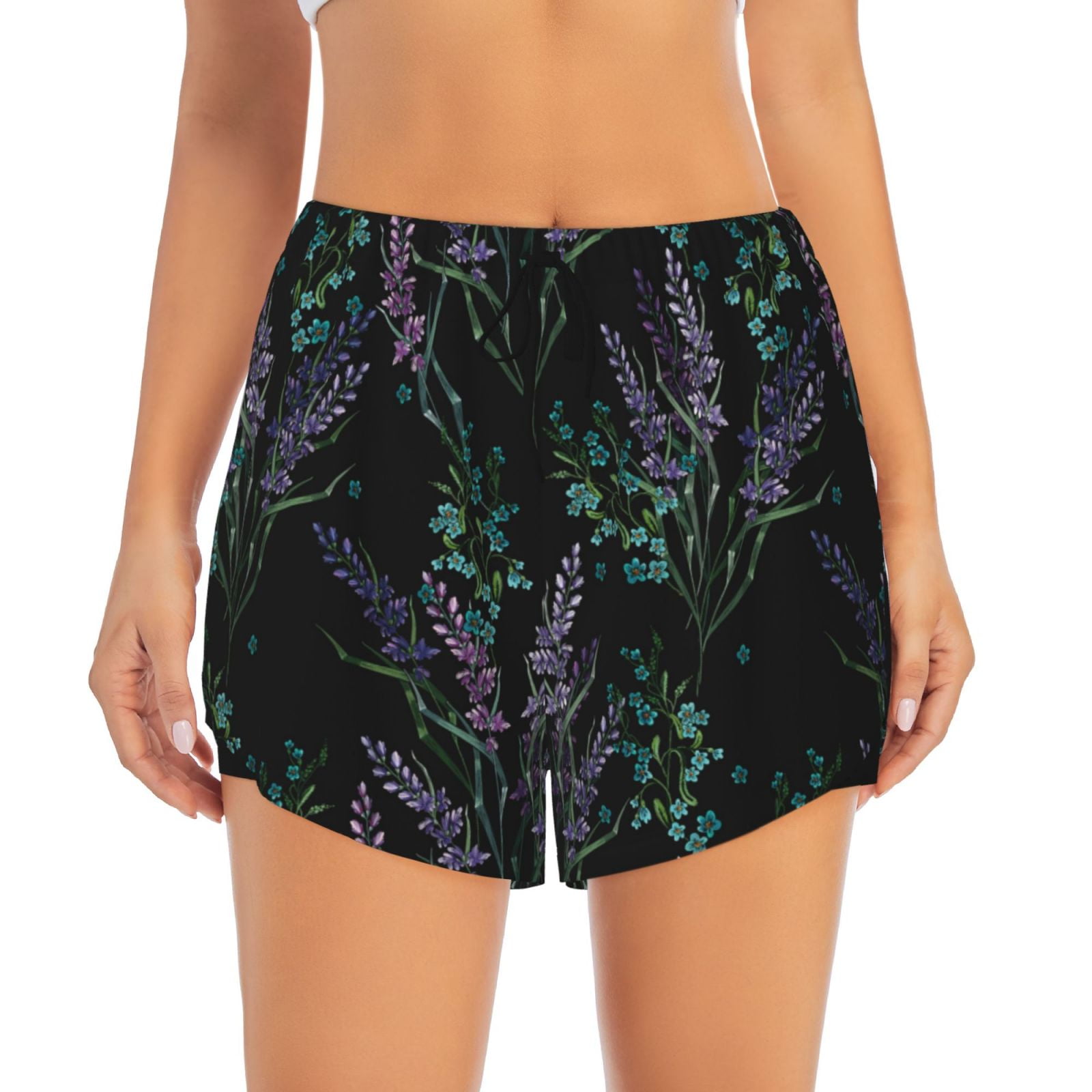 2 in 1 Workout Shorts Women Lavender Flowers Black Athletic Yoga Gym