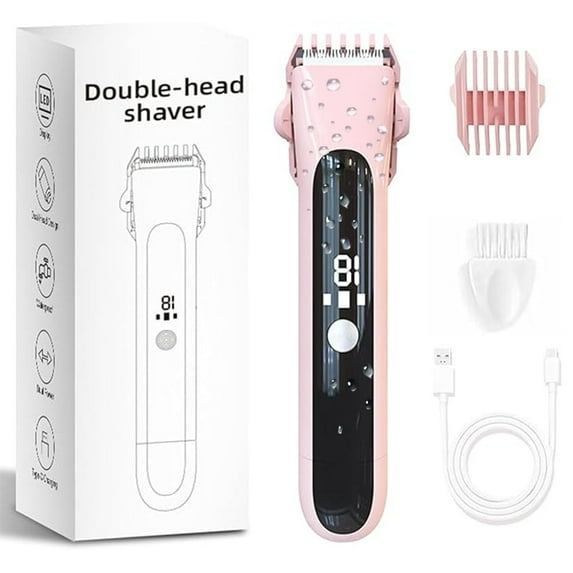 LC-dolida 2-in-1 Bikini Trimmer, Dual Head Electric Shaver with LED Display IPX7 Waterproof Rechargeable Dry and Wet Use for Body Pubic Hair Body Leg Face, Pink