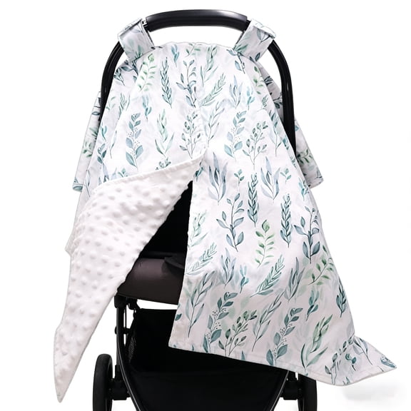 This 2-in-1 car seat cover is suitable for infants, toddlers, and children. It also functions as a nursing cover and a warm fleece liner for newborns. It features a green leaf pattern.
