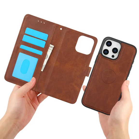 2-in-1 with card holder PU leather magnetic detachable bracket shockproof wristband detachable flip phone case, suitable for iphone 16 plus phone case