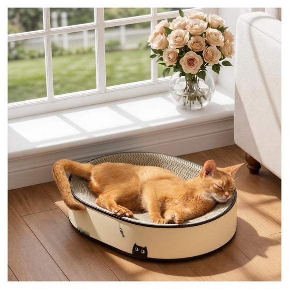2-in-1 oval cat scratcher & lounge: natural cardboard, sealed base traps debris, no-assembly, stylish brown design