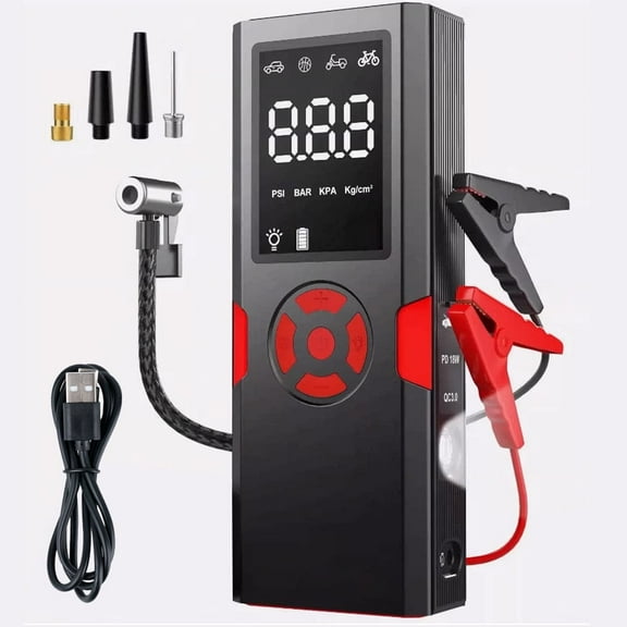 2-in-1 starter power with air pump, 1400A battery starter with LCD display/LED lighting